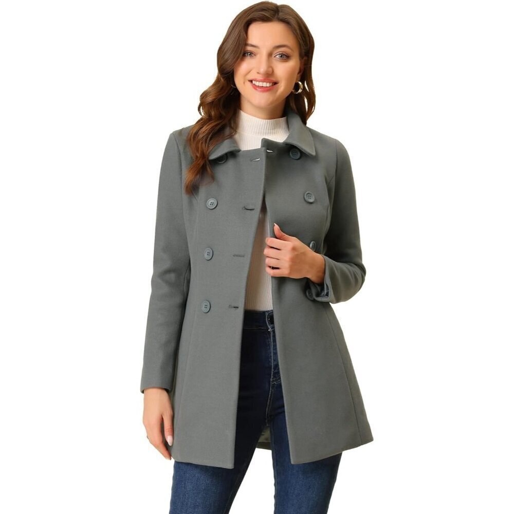 Women's Dark Grey Peter Pan Collar Double Breasted Winter Long Trench Pea Coat